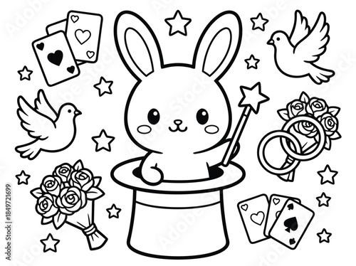 Cute cartoon bunny magician pulling a magic wand from a top hat surrounded by doves, roses, playing cards, and stars.