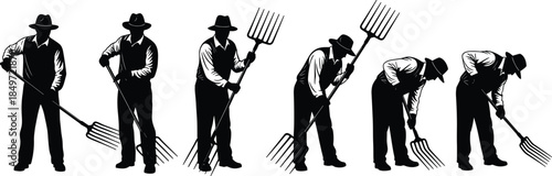 Pitchfork farming silhouettes, black icons, agricultural labor poses, bending, lifting, scooping, traditional work, vector set, rural activity, motion