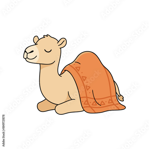 Cute cartoon camel resting with a blanket.