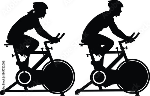 Stationary cycling silhouettes, indoor exercise bike riders, fitness training, black icons, athletic motion, workout posture, vector set, gym activity