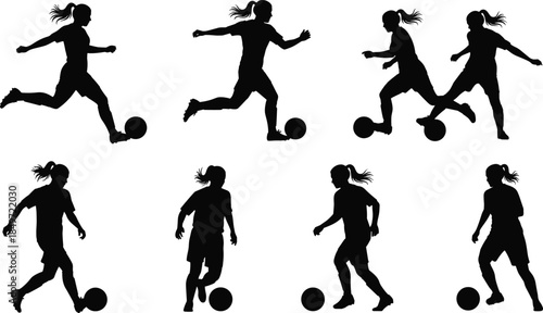 Female soccer player silhouettes, black icons, action poses, kicking, dribbling, running, athletic motion, vector set, sports women