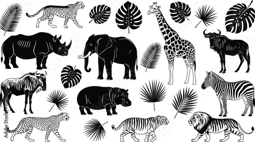 African wildlife and tropical leaves, cheetah, elephant, zebra, lion, giraffe, rhino, black icons, jungle vector set