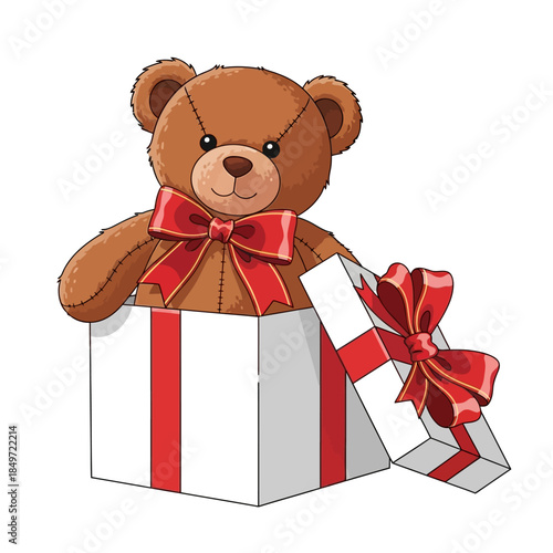 Adorable brown teddy bear emerging from a white gift box with red ribbons