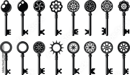 Vintage key silhouettes, black and white icons, ornate bow designs, antique style, decorative vector set, lock and key concept