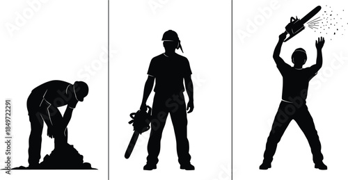 Construction worker silhouettes, manual labor poses, chainsaw action, digging, black icons, safety gear, vector set, industrial work scenes