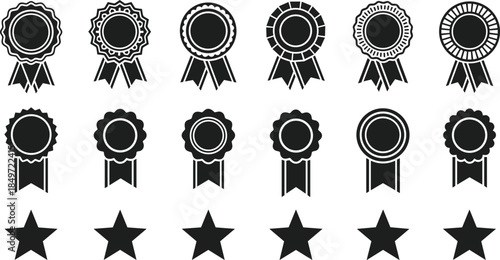 Award icons, black and white medals, ribbons, stars, achievement symbols, certification, excellence, rating, vector set, UI design