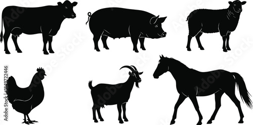 Farm animal silhouettes, cow, pig, sheep, chicken, goat, horse, black icons, livestock, agriculture, veterinary, rural, barnyard, profile view
