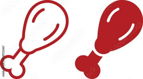 Red Chicken Drumstick Icons in Outline and Solid Styles, silhouette, illustration, vector