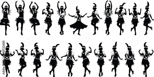Black flapper dancer silhouette collection featuring women in 1920s vintage dresses with feathers dancing jazz at a Great Gatsby party.