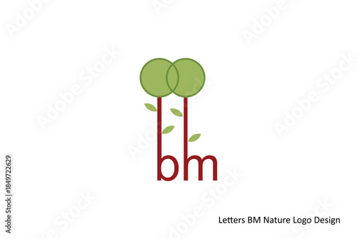 Minimalist 'BM' lettermark logo design featuring stylized trees and green leaves, symbolizing growth, environment, and organic concepts for a modern brand identity