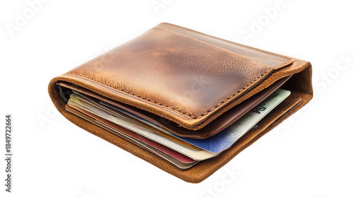 Closed vintage brown leather wallet isolated on white background

