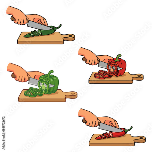 Hands Cutting Spicy Chili Peppers and Bell Peppers (Paprika) on Wooden Board Vector Illustration Set