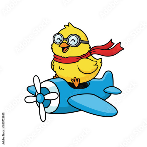 Cute cartoon chick flying a blue airplane with a red scarf.