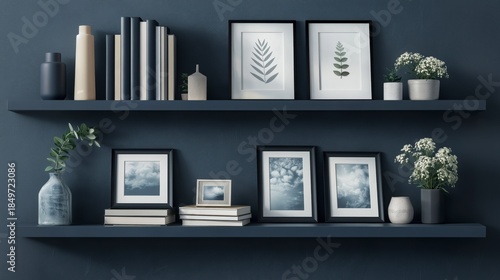 Zoom Virtual Meetings Backgrounds, Backdrop, Dark Blue Shelves, Navy Wall, Modern Home Office, Books, Framed Art, Plants, Minimalist Decor, Professional Workspace, Interior Design, Elegant Room. Man