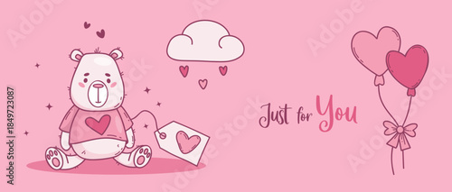 Cute Pink Teddy Bear with Gift Tag and Heart Balloons. Vector Illustration Banner. Horizontal Valentines Day Background and Header Template. Not AI