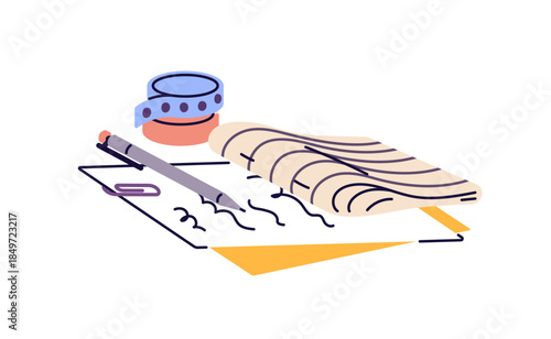 Paper sheets and stationery for doing homework. School supplies, notes for preparing for exam, test. Pen, copybook with writings for learning. Flat isolated vector illustration on white background