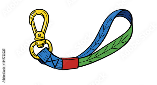 Colorful lanyard with a golden hook isolated on a white background, featuring blue and green woven design with red accent, presented in a simple illustration style