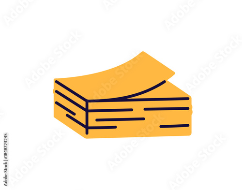 Icon of block of yellow sticky notes. Stack of paper memos, sticker posts, detached pad with adhesive edge. Office stationery for reminders. Flat isolated vector illustration on white background