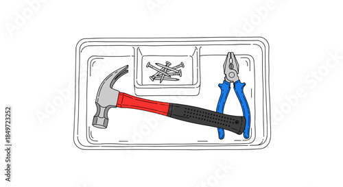 Toolbox tray with hammer, pliers, and screws isolated on white background, showcasing essential hand tools in a neatly organized layout