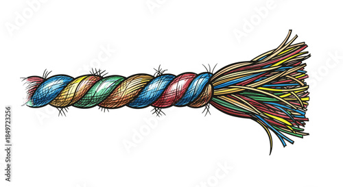 Colorful twisted cord with frayed end isolated on a white background, showcasing intricate fiber details and vibrant hues in a close-up illustration