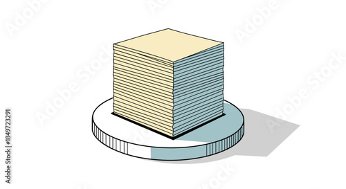 Memo cube holder isolated on white background with stacked paper sheets on circular base, minimalist design with shadow effect