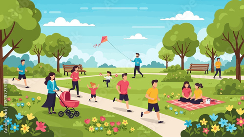 Vector illustration of a happy family and kids with a dog playing with a kite in a green summer park garden meadow art drawing