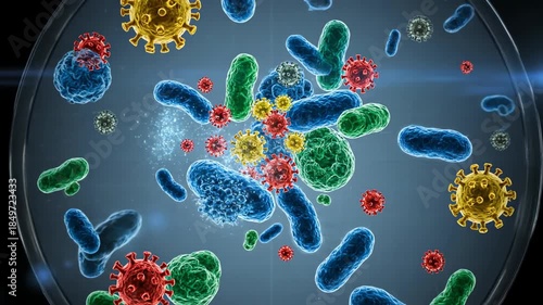 A detailed 3D microscopic animation showing colorful viruses and bacteria pathogens floating inside a petri dish.