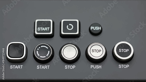 A close up of a digital electronic power button and control panel keypad used for playing audio and video on computer technology equipment or a car radio sound system