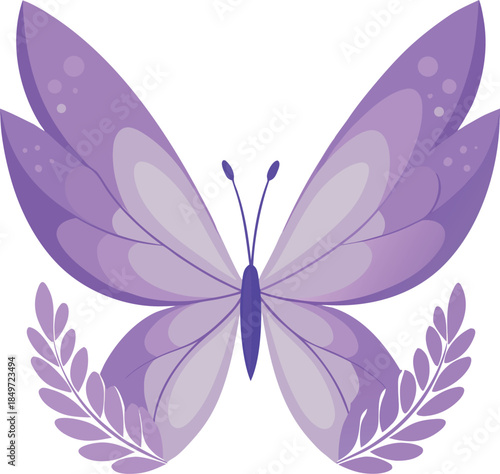 Delicate purple butterfly illustration with stylized wings and botanical laurel design elements