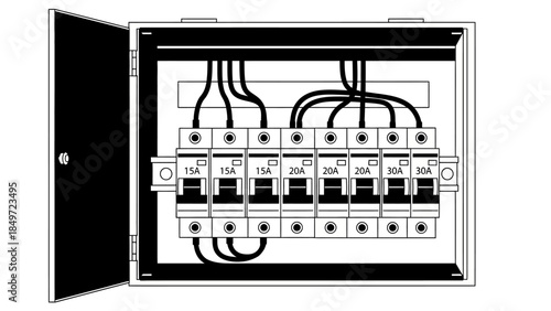 Vintage vector illustration of an urban gas station and shop building with a classic gas pump and stove featuring a storefront facade and architectural windows