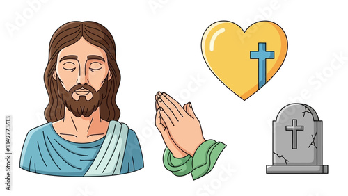 A cartoon vector illustration of the smiling face and head of Jesus Christ with a cross symbol and hand sign art concept for people