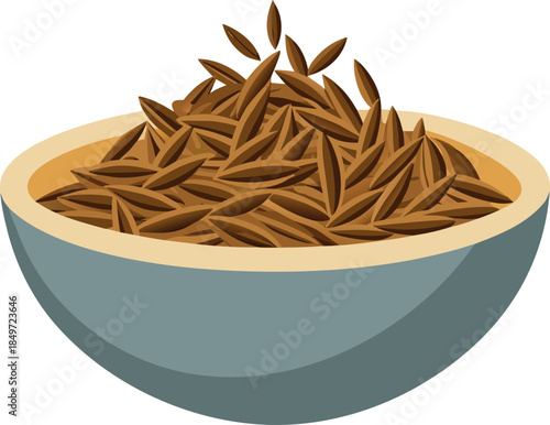 Bowl illustration featuring freshly harvested cumin seeds dropping into a shallow dish for cooking or spice use