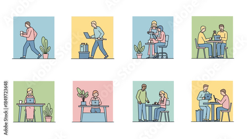 Vector set of cartoon people icons featuring a diverse group of business workers, builders, doctors, and children in different situations as a sign symbol illustration
