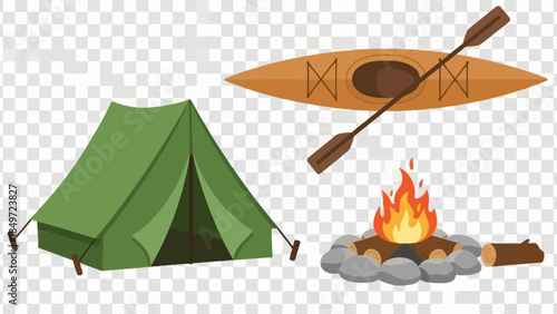 Cartoon vector illustration of a cozy summer camping tent in a forest with a glowing campfire and festive Christmas flower decorations among the trees