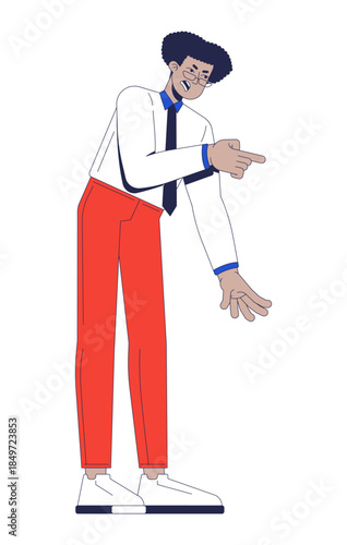 Strict latino corporate man pointing with assertive gesture 2D cartoon character. Authoritative male employee commanding accusing flat vector person isolated on white. Spot illustration colorful