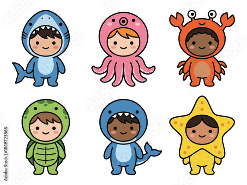 Cute Cartoon Children in Ocean Animal Costumes.