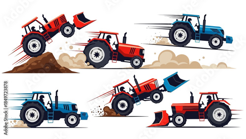 Yellow construction vehicle tractor and truck illustration isolated on white background