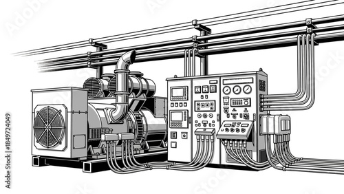 Electric power supply plant with power lines and industrial construction vehicles illustration