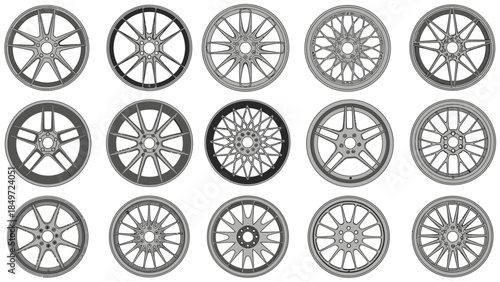 Set of bicycle and car wheels isolated on white background