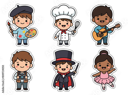 Cute Cartoon Children Representing Different Professions and Hobbies.