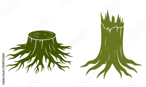 Green Tree Stump with Roots Vector Set, Cut Trunk and Exposed Root Illustrations, Nature Deforestation and Forest Elements Silhouette