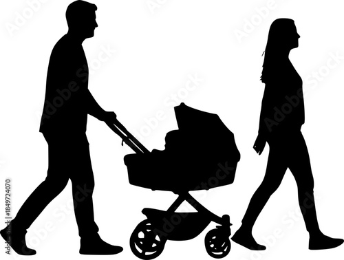 Family Walking with Baby in Pushchair Vector Silhouette Illustration
