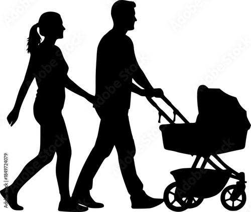 Family Walking with Baby in Pushchair Vector Silhouette Illustration
