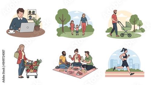 Cartoon vector illustration of a group of people in different roles standing in a row