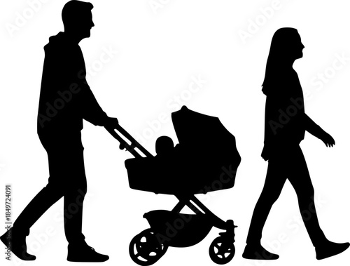 Family Walking with Baby in Pushchair Vector Silhouette Illustration
