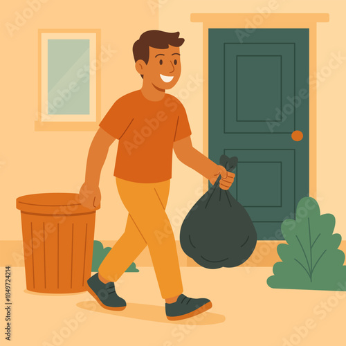 Smiling man carrying garbage bag outside the house. Everyday household chore and waste disposal routine in residential area. Flat vector illustration for home and lifestyle concepts.