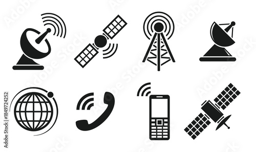 satellite icons set black on a white background