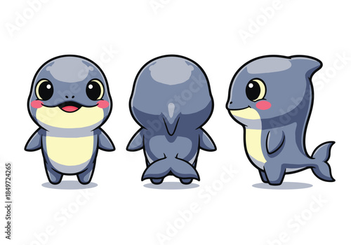 Cute Cartoon Dolphin Character Set.