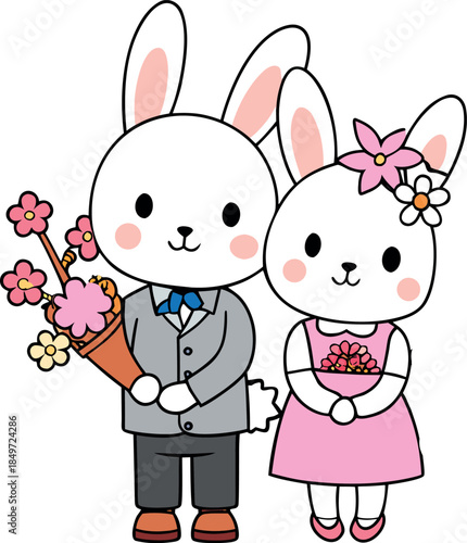 Cute cartoon couple of white rabbits dressed up holding flowers for a special celebration occasion