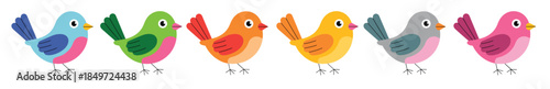 six adorable cartoon birds in different colors on white